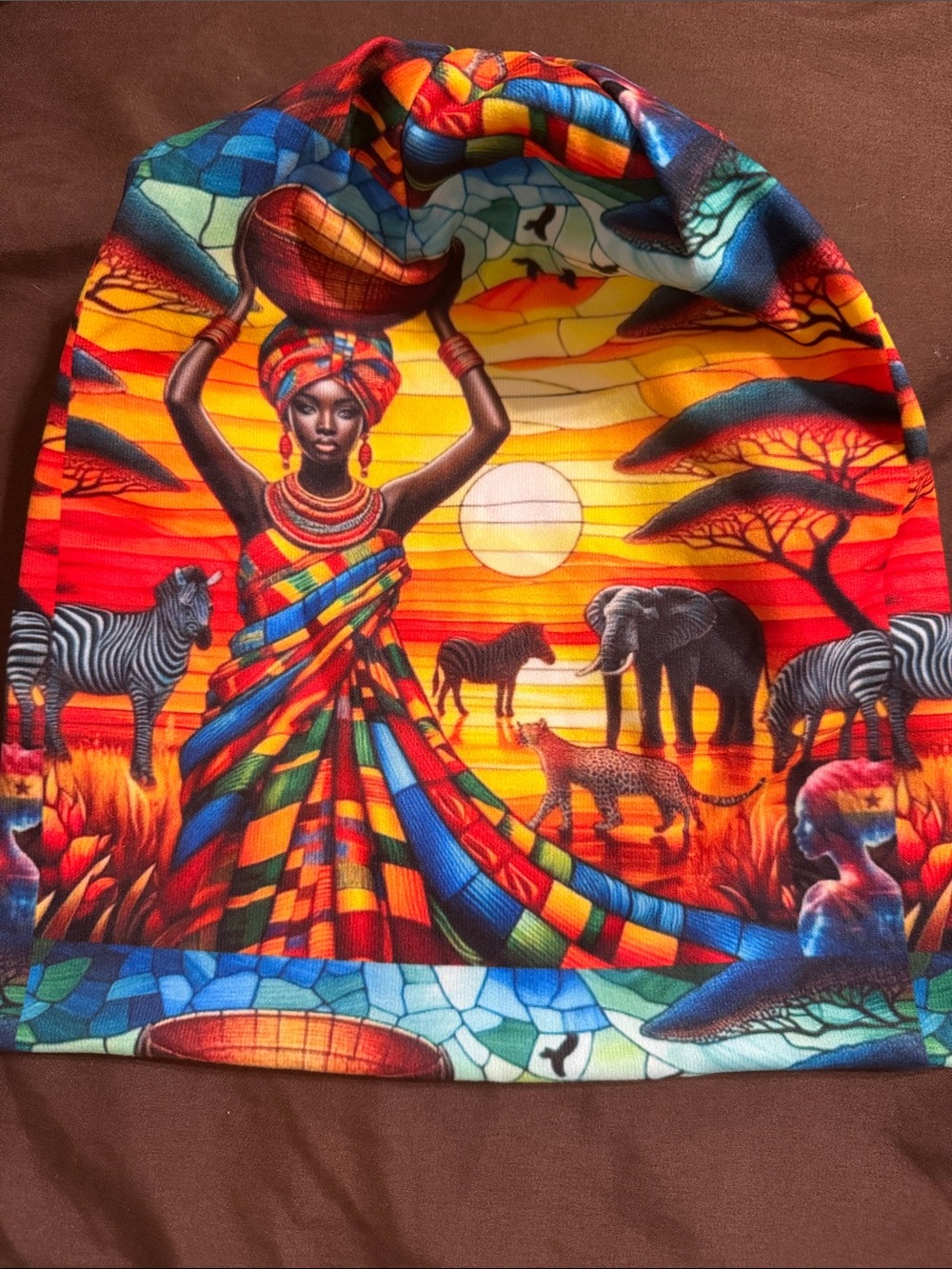 African American Cultural Design Image Animals Bright vibrant Colors Beanie
